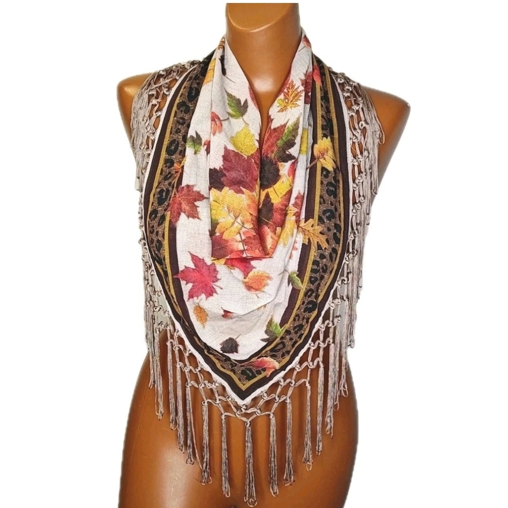 Fringed Neck Scarf Bandana Leaf Leopard Print Rockabilly Western Fall Halloween